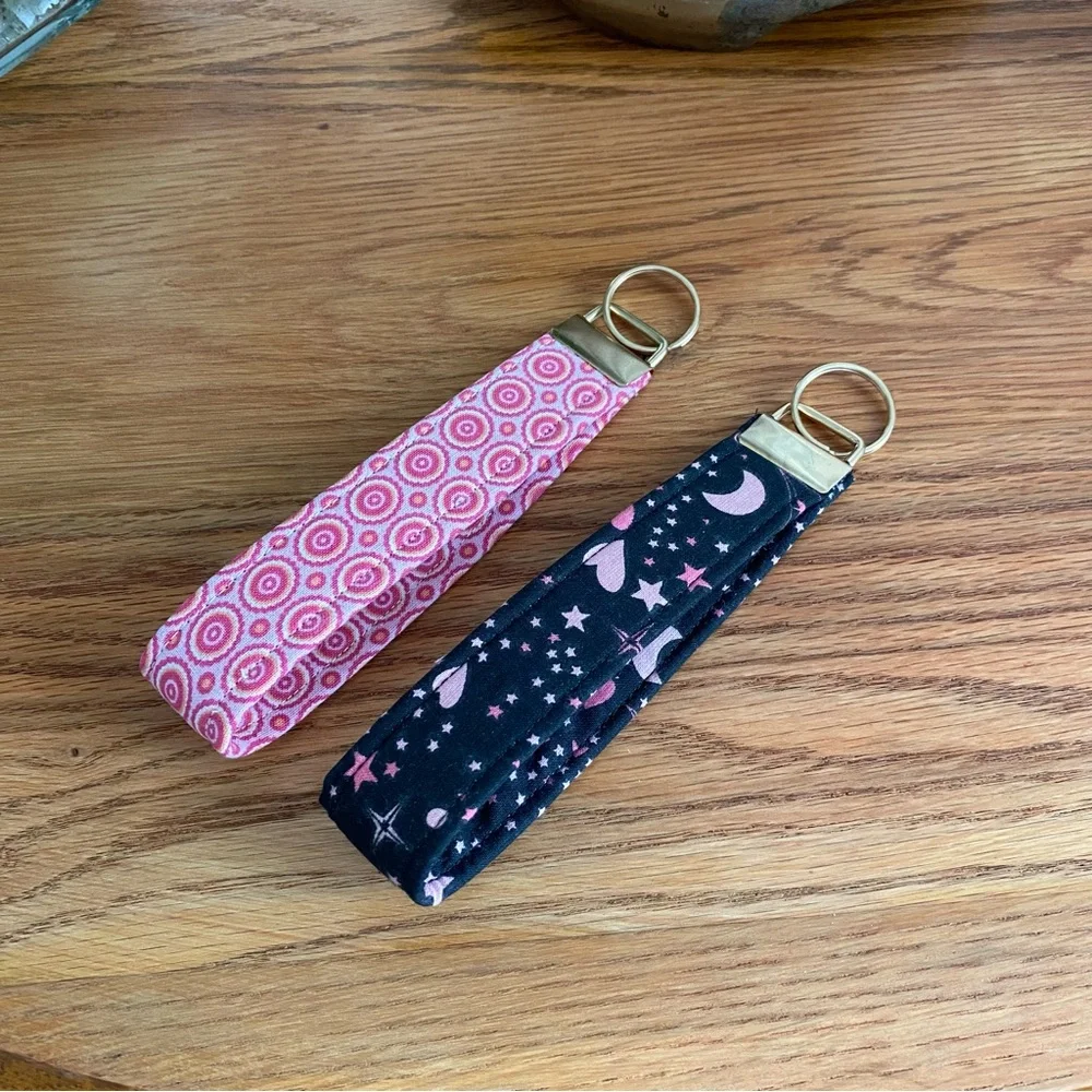 Set of 2 Handmade Fabric Wristlet Keychains Celestial Moon & Pink Geometric
